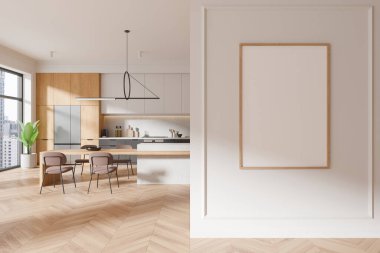 Klasik ev mutfağı. Bar adası, sandalyeler, ahşap döşeme. Gökdelenlerin panoramik penceresinin yanında buzdolabı olan yemek dolabı. Bölümdeki tuval posterini taklit et. 3B görüntüleme