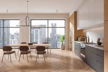 Ahşap elementler ve yemek alanı olan modern bir mutfak. Şehir manzarasına karşı kurulmuş, kentsel yaşamı gözler önüne seriyor. 3B Hazırlama