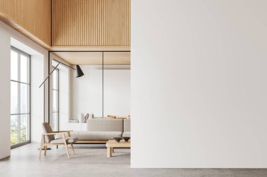 İskandinav oturma odasının içi rahat bir yer, kahve masası, yemek masası ve cam bölmenin arkasındaki sandalyelerle dolu. Gökdelenlerin panoramik penceresi. Boş duvar bölmesini düzenle. 3B görüntüleme