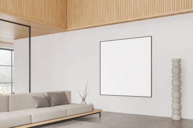 Oturma odasının köşesi. Podyumda kanepe, beton zemin. Panoramik pencereli bej soğutma alanı. Tuvalin posterini hazırla. 3B görüntüleme