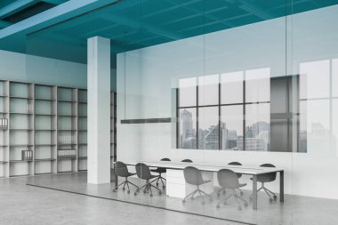 Cam konferans odasının köşesinde sandalye, tahta ve beton zemin var. Toplantı yeri olan bir iş koridoru ve klasörlerle dolu bir raf. 3B görüntüleme