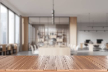 Bulanık, modern ofis içi arka plan, odağında ahşap masa, profesyonel bir çalışma alanı, ışık. 3B Hazırlama