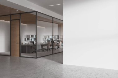 Ofis manzarası, masa ve sandalyeler, dekorasyonlu raflar. Dizüstü bilgisayarı, rafı ve belgeleri olan kapalı cam toplantı odası. Boş duvar bölmesini düzenle. 3B görüntüleme