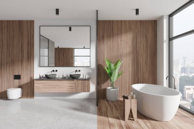 Sıcak beyaz küvet ve kare aynalı ikiz lavabo. Modern otel süiti banyosunda duruyor. Whit, ahşap duvarları ve beton zemini var. Spa ve tatil konsepti. 3d oluşturma