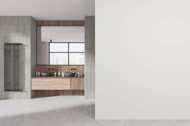 Çift lavabolu modern banyo iç tasarımı, büyük ayna, ve şehir manzarası beyaz duvarda geniş bir kopya alanı, 3D görüntüleme.