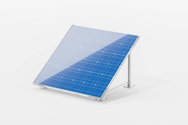Beyaz zemin üzerinde yeşil enerjiyi ve sürdürülebilirliği temsil eden bir Standalone güneş paneli, 3 boyutlu oluşturma.