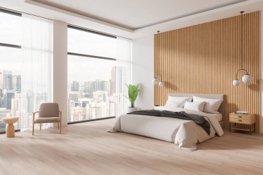 Ev yatak odası manzarası yatak odası, koltuk ve süslemeli komodin. Kuala Lumpur gökdelenlerinde bitki ve panoramik pencereli bir uyku odası. 3B görüntüleme