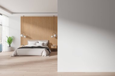 Beyaz ve ahşap duvarları, ahşap zemini, iki komodinli rahat kral yatağı ve şehir manzaralı penceresi olan şık bir yatak odası. Sağ taraftaki uzay duvarını kopyala. 3d oluşturma