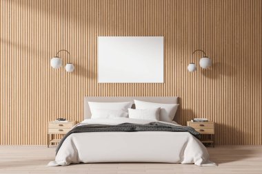 Yatağın üstünde boş bir poster, ahşap duvar arka planı ve minimalist mobilyaları olan modern bir yatak odası. 3B Hazırlama