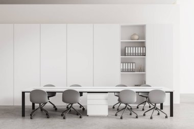 Modern ofis içi, uzun bir konferans masası, sandalyeler ve bir kitaplık, temiz beyaz arka planda, çağdaş bir çalışma alanını tasvir ediyor. 3B Hazırlama