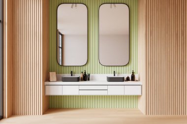 Modern bir banyo, çift lavabo, çizgili yeşil duvar, ahşap özellikler, ışık. 3B Hazırlama