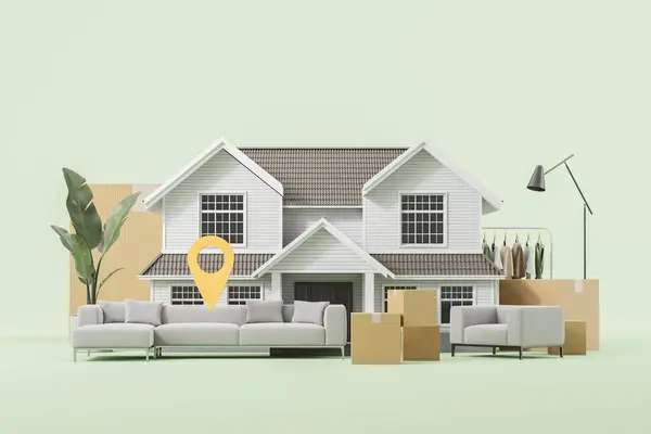 Big house and home furniture with clothes and location mark, light green background. Shipping company. Concept of moving house and delivery. 3D rendering illustration