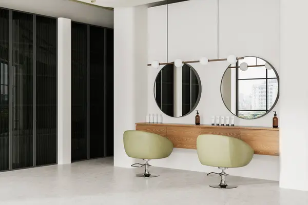 Rohový Pohled Interiér Salonu Krásy Křesly Zrcadly Řadě Dřevěný Prádelník — Stock fotografie