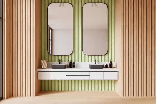 Een Moderne Badkamer Interieur Met Een Dubbele Wastafel Gestreepte Groene — Stockfoto