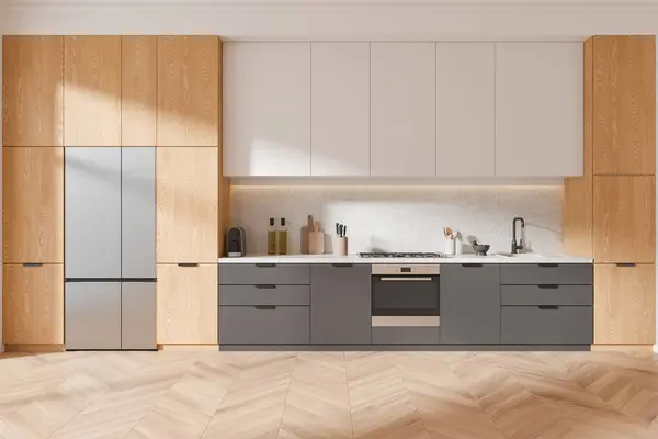 Tre Hjem Kjøkken Interiør Med Skap Kjøkkenutstyr Kjøleskap Tregulv Luksus stockbilde
