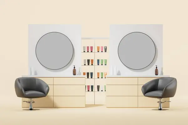 米色沙龙内部有两个扶手椅 梳妆台与圆形的镜子 图像工作室的工作场所与最低限度的家具 美容美发的概念 3D渲染说明 免版税图库照片