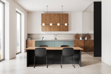 Beyaz duvarları, beton zemini, ahşap dolapları ve dolapları, gri adası ve rahat siyah ahşap sandalyeli yemek masası olan modern mutfağın içi. 3d oluşturma
