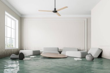 Modern oturma odasını şık mobilyalar ve tavan vantilatörü ile doldurmuş parlak bir arka plan, ev hasarı kavramı. 3B Hazırlama