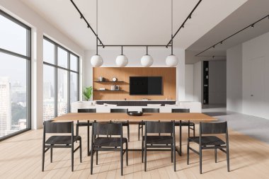 Yemek masası ve sandalyeli modern ev oturma odası koltuğu ve büfeli televizyon ekranı olan rahat bir yer. Görünmez kapılı koridor. Gökdelenlerin panoramik penceresi. 3B görüntüleme