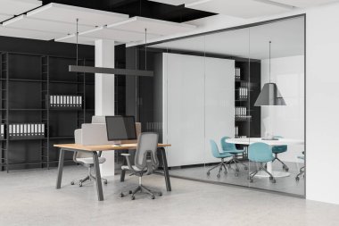 Ofis içi ortak çalışma alanı ve bilgisayar köşesi yuvarlak masa ve mavi sandalyeli cam konferans odası. Minimalist mobilyalarla toplantı ve çalışma alanları. 3B görüntüleme