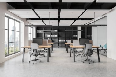 Ofis içi bilgisayarlar, yuvarlak masa ve mavi sandalyeli cam konferans odası. Gökdelenlerde panoramik pencereli toplantı ve çalışma alanları. 3B görüntüleme