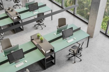 Çalışma alanının en üst görüntüsü, masada bilgisayar monitörleri, bölmeli koltuklar, beton zemin. Tropiklerde panoramik penceresi olan şık bir ofis yeri. 3B görüntüleme