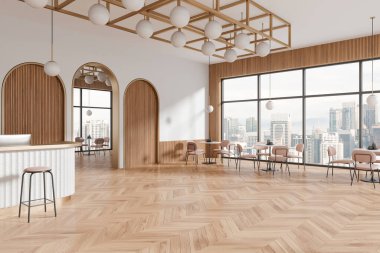 Kafeterya manzarası, bar adası ve bilgisayar, yemek masaları ve sandalyeler ahşap zeminde. Kuala Lumpur gökdelenlerinde kemer kapısı ve panoramik pencere. 3B görüntüleme