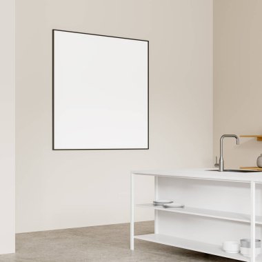 Bar adası ve beton zemin ile ev mutfağı manzarası. Mutfak gereçleri ve tabakları olan bej renkli lüks yemek alanı. Tuvalin kare posterini düzenle. 3B görüntüleme