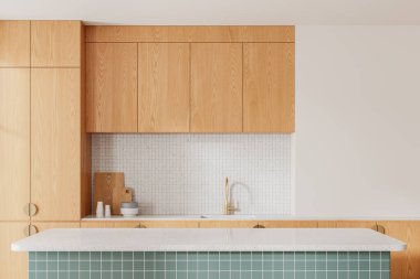 Taş bar adası, ahşap dolap, lavabo ve mutfak gereçleri olan lüks bir mutfak. Modern dairede raflı yemek pişirme yeri ve tezgah. 3B görüntüleme