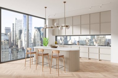 Beyaz duvarları olan modern mutfağın köşesi şehir manzaralı panoramik pencereler, ahşap zemin ve gri dolaplar ve dolaplar. Üzerinde tabure ve lambalar olan gri bar tezgahı. 3d oluşturma