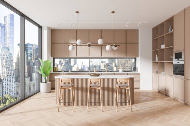 Beyaz duvarlı, panoramik pencereli, ahşap zemin, gri dolaplar ve dolaplı modern mutfağın içi. Üzerinde tabure ve lambalar olan gri bar tezgahı. 3d oluşturma