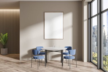 Bej renkli oturma odası, yuvarlak yemek masası ve mavi sandalyeli, ahşap döşemeli. New York 'ta panoramik pencereli bir yer. Tuvalin posterini hazırla. 3B görüntüleme