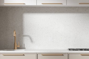 Lüks ev mutfağı içinde lavabo, gaz ocağı, taş tezgah ve boş alan var. Modern apartmandaki minimalist yemek pişirme alanına yakın çekim. 3B görüntüleme