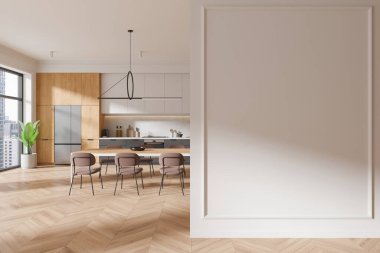 Şık ev mutfağı yemek masası, sandalyeler, buzdolabı dolu yemek dolabı. Gökdelenlere bitki ve panoramik pencere. Boş duvar bölmesini düzenle. 3B görüntüleme