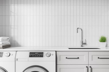 Lüks ev çamaşırhanesi, lavabosu ve havluları olan boş bir tezgah. Raflı iki çamaşır makinesi. Minimalist mobilyalar ve fotokopi duvarı. 3B görüntüleme