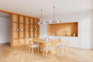 Corner view of luxury home kitchen interior with dinner table and chairs, cooking cabinet and kitchenware. Wooden shelf with dishes on hardwood floor. 3D rendering clipart