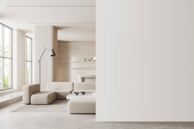 Samimi güzellik salonu resepsiyon masası ve sehpası olan kanepe. Ruhsat ve bekleme yeri. Tropik bölgelerde panoramik pencere. Boş duvar bölmesini düzenle. 3B görüntüleme