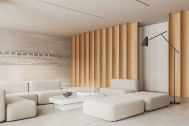 Minimalist tasarım kanepesi ve bej arka planda ahşap aksanlı modern spa resepsiyon alanı, lüks bekleme alanı konsepsiyonu, 3D