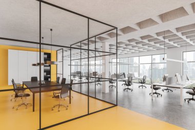 Çalışma alanı eşzamanlı olan beyaz ve sarı ofis içi köşeleri, sıralarda bilgisayar. Yataklı cam konferans odası. Bangkok gökdelenlerinin panoramik penceresi. 3B görüntüleme