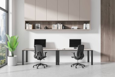 Minimalist modern ofis çalışma alanı, iki sandalye ve masaüstü bilgisayarı, ahşap elementler, parlak ışık. 3B Hazırlama