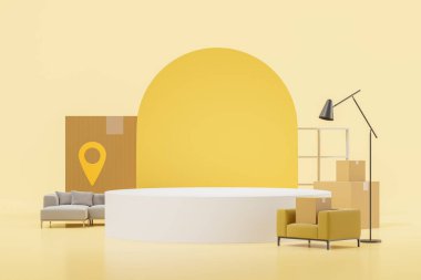 Mokup boş vitrin ya da podyum, karton paketlerle ev mobilyası ve sarı arka planda jeo etiketi. Ev taşıma ve taşınma kavramı. 3B resimleme