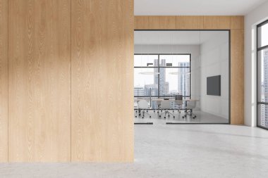 Ahşap ve beyaz duvarları olan şık ofis odası, beton zemin, beyaz sandalyeli ve duvarında televizyon olan uzun konferans masası. Soldaki uzay duvarını kopyala. 3d oluşturma