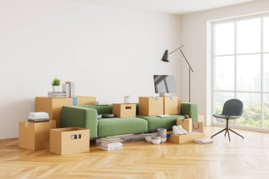 Dairenin içi köşesinde yığınla karton kutu, mobilya ve ahşap zemin üzerinde kanepe var. Ev ve aile taşınma konsepti. 3B görüntüleme