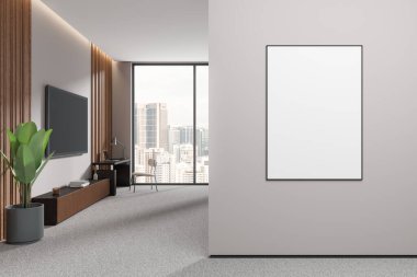 Yatak odasının içinde büfe, televizyon ekranı ve masa ve dizüstü bilgisayarlı iş yeri var. Kuala Lumpur gökdelenlerinin panoramik penceresi. Bölümde boş tuval var. 3B görüntüleme