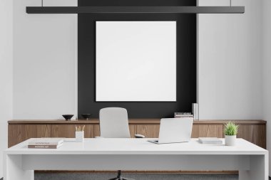 Modern iş masası ve dizüstü bilgisayar, dekorasyonlu büfe. Minimalist mobilyaları olan bir Ceo işyeri. Model uzay kare posteri. 3B görüntüleme