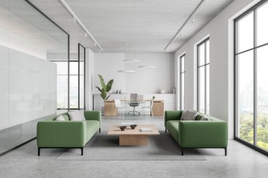 İçi yeşil kanepe ve kahve masası olan cam ofis odası, yönetmenin masası ve dizüstü bilgisayarı olan çalışma alanı. Bangkok gökdelenlerinin panoramik penceresi. 3B görüntüleme