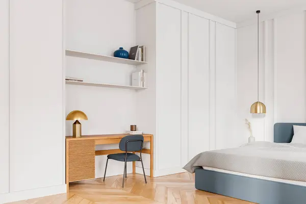 Hjørne Udsigt Luksus Hjem Soveværelse Interiør Med Skønhedsbord Seng Stol Royaltyfrie stock-billeder