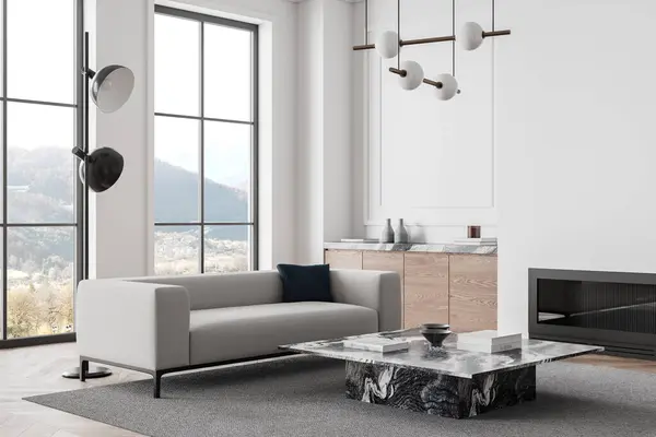 Hjørne Udsigt Hjemmet Stue Interiør Med Sofa Marmor Sofabord Pejs Stock-foto