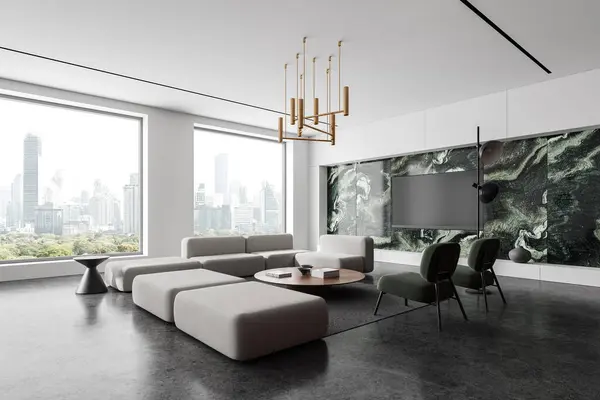 Moderne Hotel Venteværelse Interiør Med Udsigt Bangkok Med Stilfulde Møbler Royaltyfrie stock-billeder