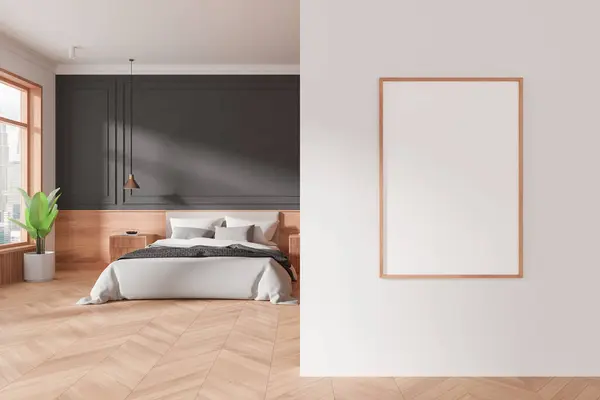 Moderne Hjem Soveværelse Interiør Seng Natbord Med Dekoration Plante Trægulv Royaltyfrie stock-fotos